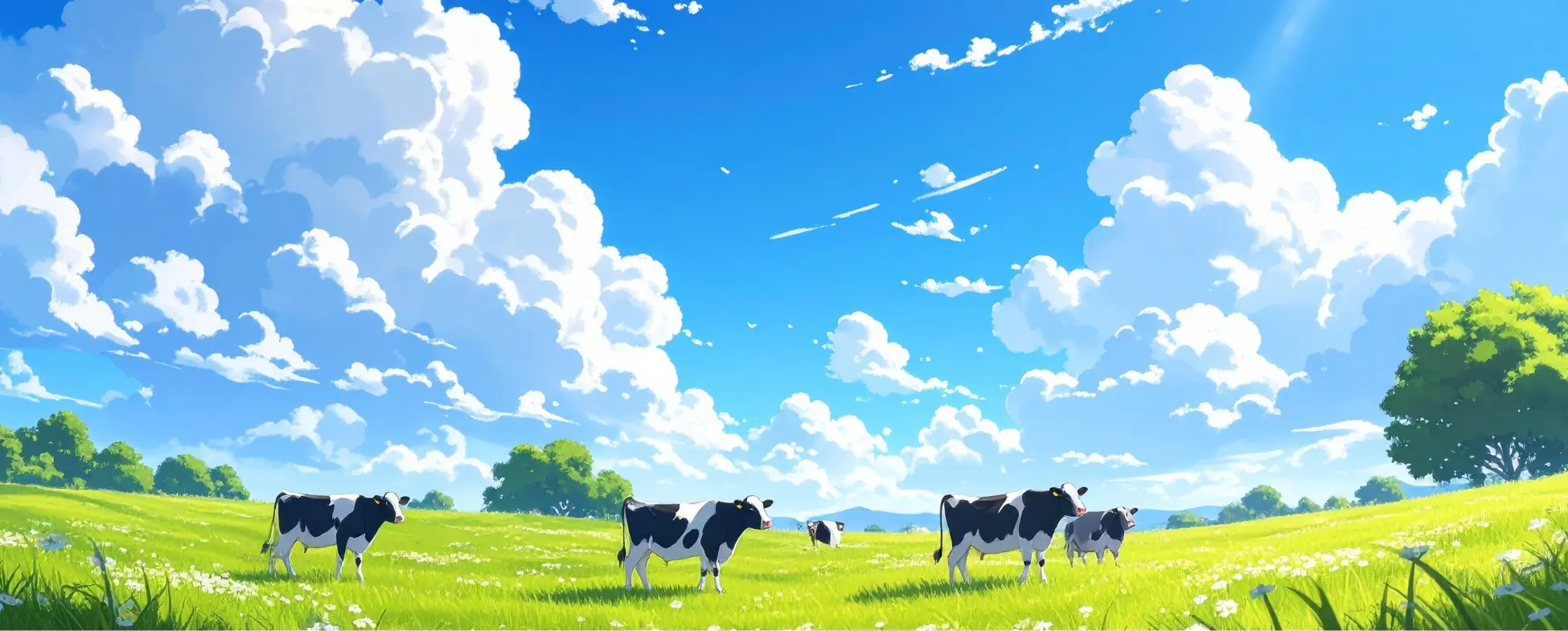 広い緑の草原に数頭の牛が立ち、白い雲が浮かぶ青空が広がっている風景イラスト