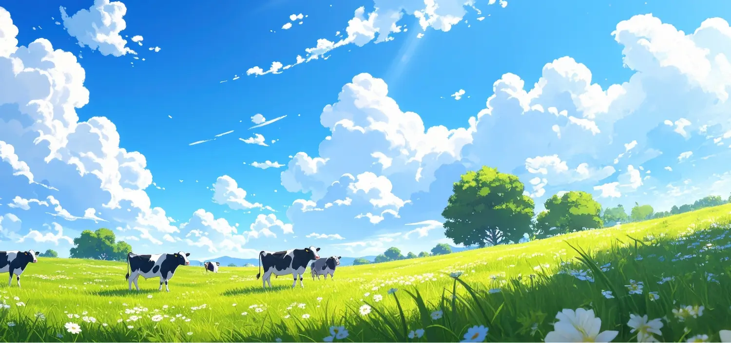 広い緑の草原に数頭の牛が立ち、白い雲が浮かぶ青空が広がっている風景イラスト